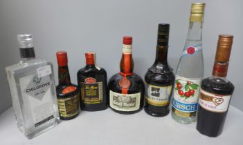 A selection of alcohol; 70cl Chilgrove dry gin, 30cl and 350ml bottles of Tia Maria, 75cl Kirsch,