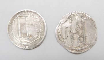 Two silver Dirham coins, (Medieval Islamic Abbasid Caliphate)