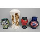 Four Moorcroft vases, Rose Red and Isis, designed by Emma Bossons, Anemone and Flowers of the Future