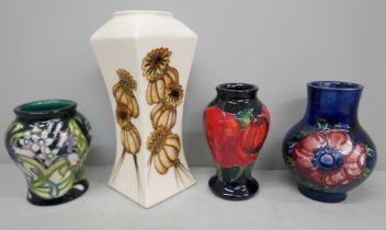 Four Moorcroft vases, Rose Red and Isis, designed by Emma Bossons, Anemone and Flowers of the Future