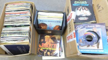 A box of 1980s and later 7" singles, a record box with Genesis/Phil Collins and dance 7" singles and