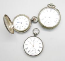 Two pocket watches, one marked fine silver, one marked 800, and one other pocket watch, a/f