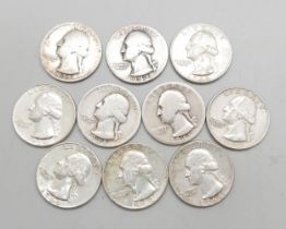 Ten US quarter dollars, 900 silver, 61.6g