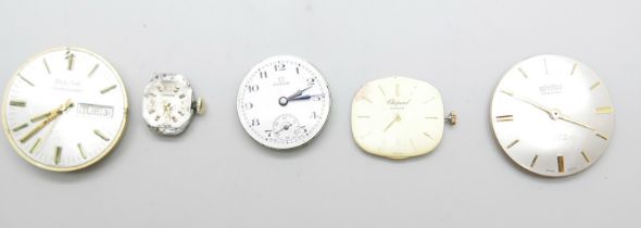 Five watch movements, Chopard, Omega, Longines, Roamer and Bulova