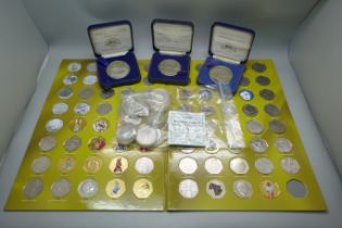 A silver proof Samoa $2 1997, with certificate, nine others, three nickel silver crowns, cased, a £5