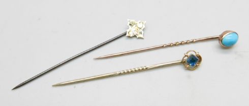 Two 9ct gold stock pins, one Chester 1902, and one other stick pin set with turquoise