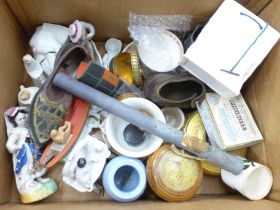 A box of small collectable items, 19th Century and later Staffordshire figures, boxes, etc.