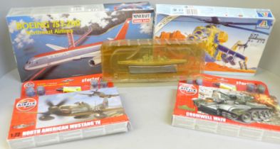Two Airfix model plane kits; one Minicraft Boeing and a Italieri Soviet helicopter kit and a model