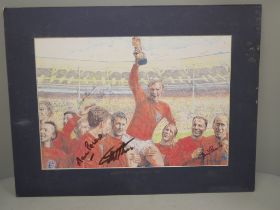 A signed print of the England World Cup Winners 1966; Gordon Banks, Martin Peters, Bobby Charlton,