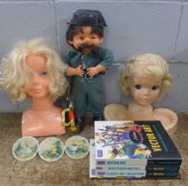 Two Sindy styling head girl's toys, vintage one boxed, one boxed Muneco musical toy, thre Madryn