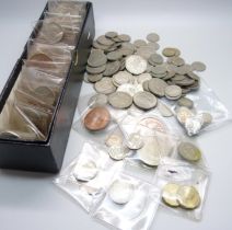 A collection of florins and silver 3d coins plus other coins