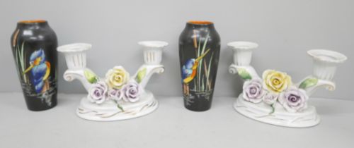 A pair of Shelley Kingfisher vases and a pair of floral twin candlesticks