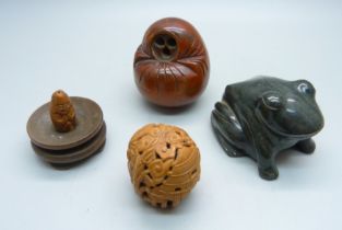A Cornish Serpentine carved model frog, a carved walnut with Buddha detail, a/f, and a Japanese