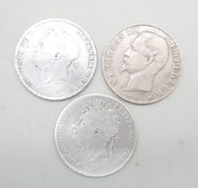 Two George III crowns, 1822 and 1821, and a Napoleon III French 5 franc coin, 1855