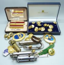 Masonic badges, whistles, a boxed Calibri lighter and atomiser, BR badges, etc.