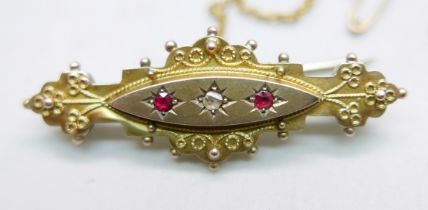 A Victorian 9ct gold, ruby and diamond brooch, in fitted case, Chester 1897, 4g
