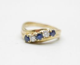 An 18ct gold, sapphire and diamond five stone ring, 5g, M