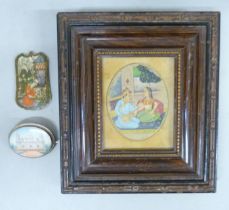 A 19th Century Indian miniature on card, framed and hand painted, a 19th Century miniature brooch