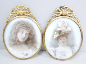 Two photographic portraits on porcelain of English stage actresses Kate Worth and Letty Lind,
