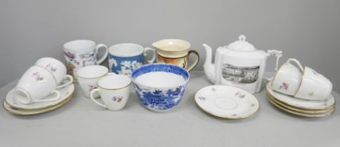Six French coffee cups and saucers, a Royal Doulton jug, a/f, a blue and white relief mug, a teapot,