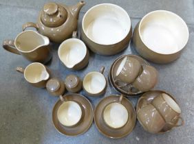 Denby Pampas pottery; a teapot, seven cups, six saucers, salt and peper pots, 7" tureen, (no lid),