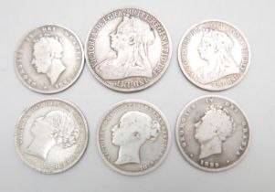 A 1900 silver florin and five silver shillings 1829, 1826, 1874, 1885 and 1898