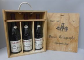 Three bottles of 1990 Chateuneuf du Pape Vieux Telegraphe in wooden box