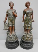 A pair of cold painted spelter figures; Pecheur and Pecheuse, 28cm, one wooden base split