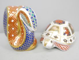 Two Royal Crown Derby paperweights, snake with gold stopper and turtle with fixed stopper