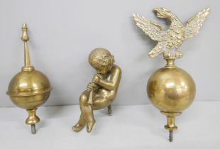 Three 19th Century grandfather clock brass finials