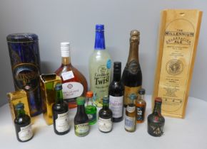 Two Millennium Celebration Ales, four other assorted bottles of alcohol and eight miniatures