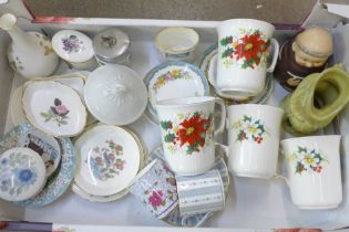 A collection of decorative china, Wedgwood, Coalport and four Royal Albert Christmas mugs