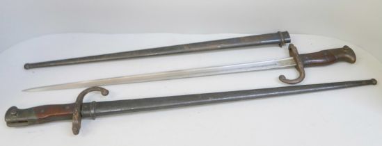 Two pattern 1876 French Gras bayonets, (scabbard & bayonet numbers matching), armoury Chat & Etienne