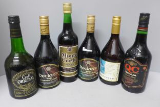 Two 70cl bottles of Declans Country Cream, 70cl Irish cream, 70cl Monte Cristo and two other bottles