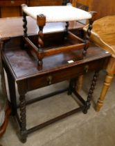 An oak single drawer barleytwist side table and stool