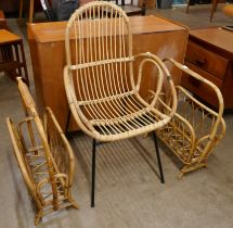 An Italian style wicker and bamboo chair and two magazine racks