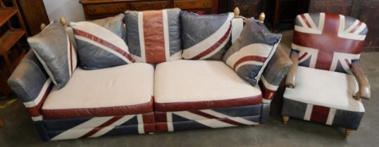 A Barker & Stonehouse Union Jack pattern leather and fabric upholstered Knole drop arm settee and
