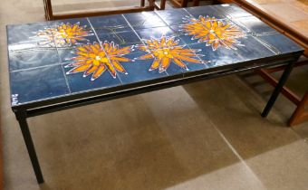 A Belgian Juliette Belarti style tiled top rectangular coffee table, indistinctly signed