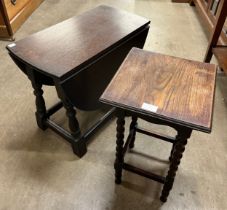 An oak drop leaf occasional table and bobbin turned jardiniere stand