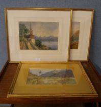 Three landscape watercolours, one indistinctly signed, framed