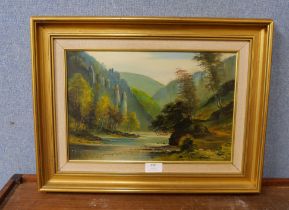 H. Willis Pryce, mountainous river landscape, oil on board, framed