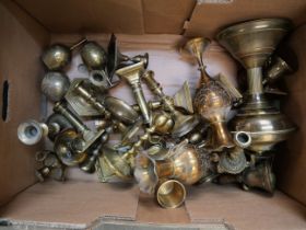 A collection of brassware, including candlesticks, decorative items etc.