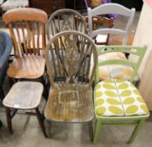 A Victorian slat back kitchen chair, four other chairs and a stool