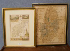 An 1836 J&C Walker map of Nottinghamshire and an 1845 Noule map of Northamptonshire, framed