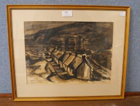 M. Osterweil, abstract street scene, watercolour, framed