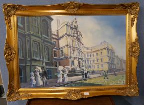 English school, street scene, oil on canvas indistinctly signed, framed