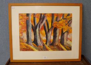 An Autumnal woodland scene, oil on board, indistinctly signed, framed