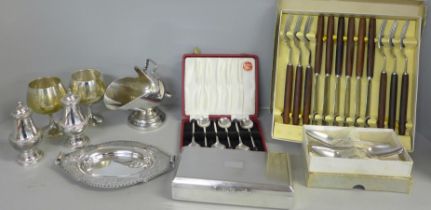 A set of Pearson Bros. knives and forks, and other silver plated items including a cigarette box