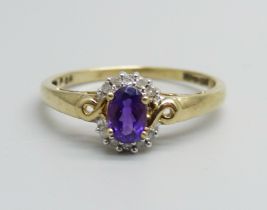 A 9ct gold, amethyst and diamond cluster ring, 2g, T