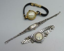 A lady's Tavannes silver and marcasite wristwatch, a lady's Omega wristwatch and a lady's Avia